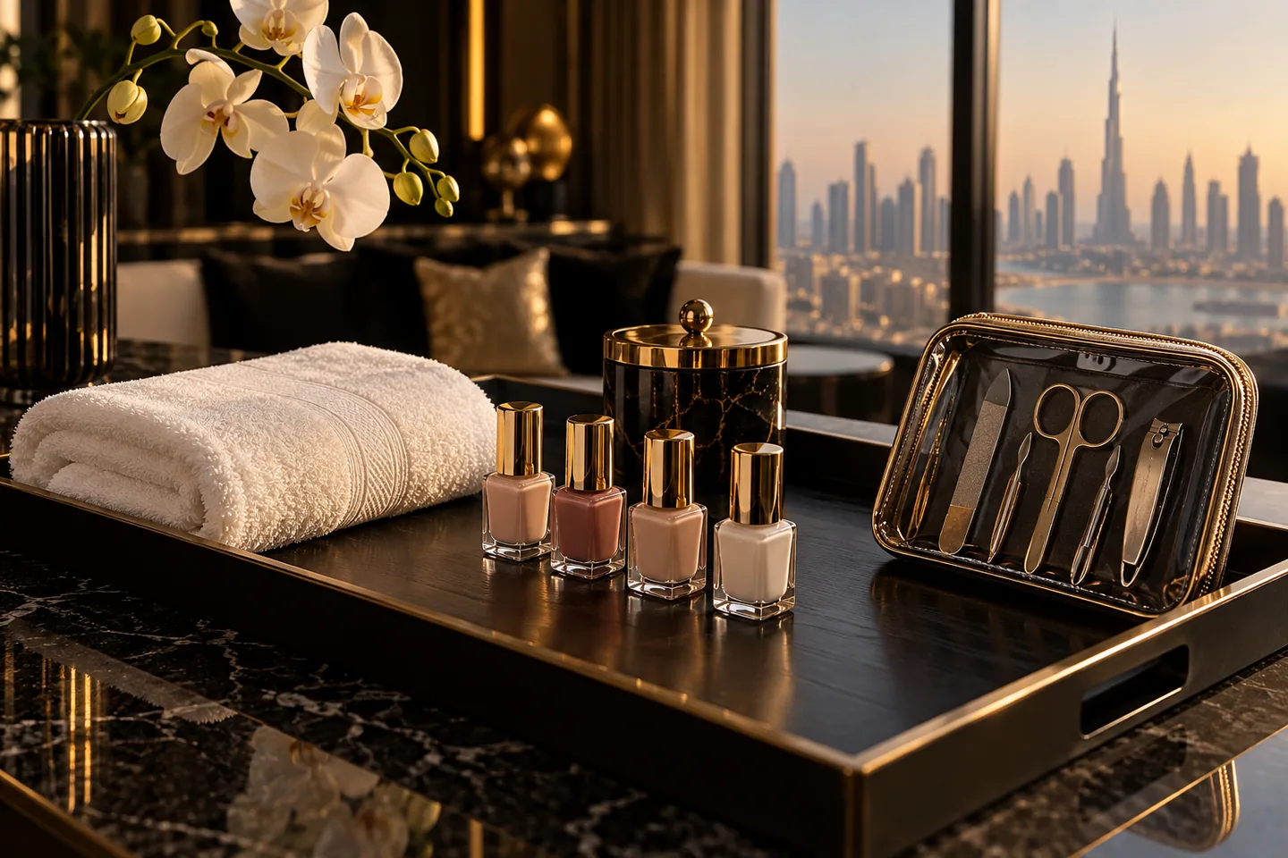Illustrative nail-care tray and ivory towel in a home setting